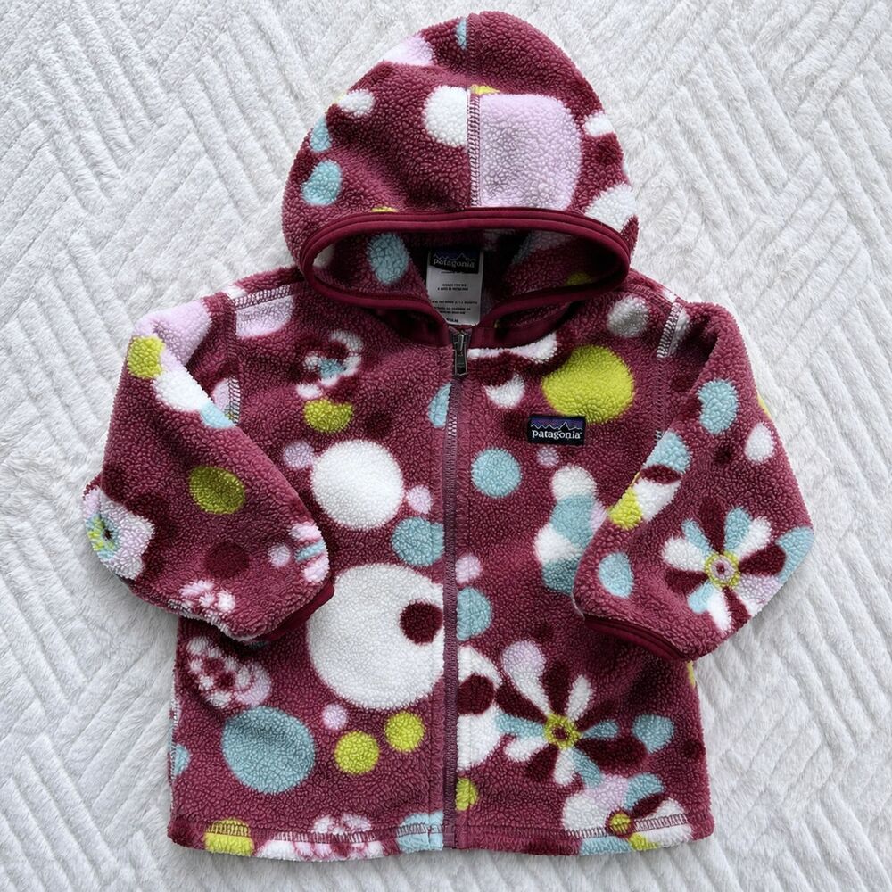Patagonia Baby 12M Synchilla Fleece Hooded Jacket Floral Burgundy Vintage Pink